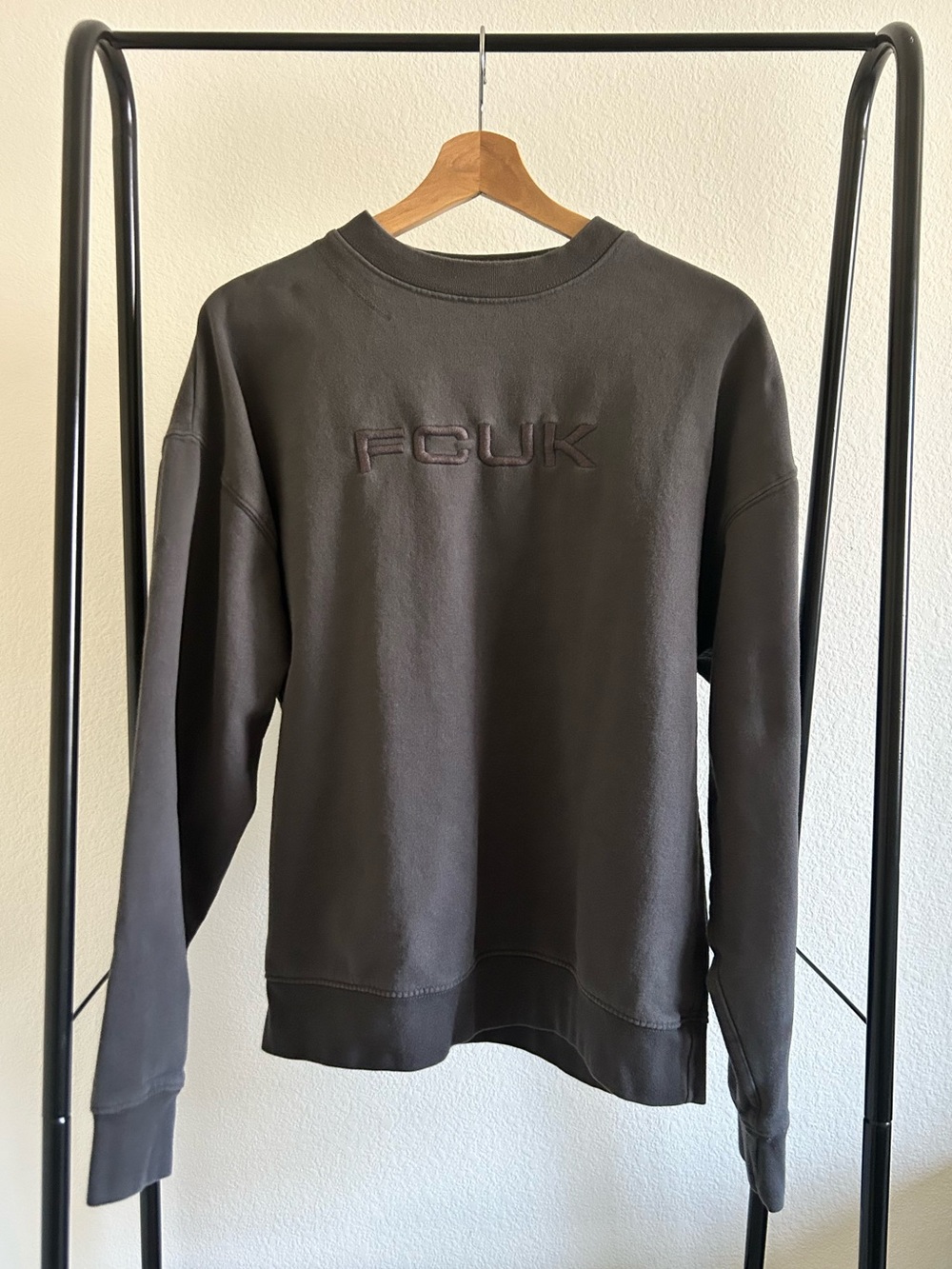 FCUK French Connection Crewneck Sweatshirt Gray Tonal Embroidered Logo Y2K Small